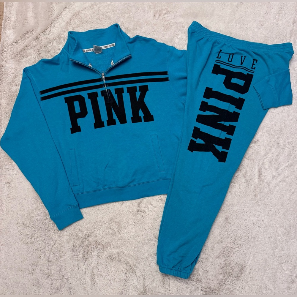 VS PINK VINTAGE SET 1/2 ZIP SWEATSHIRT & SWEATPANTS TEAL BLUE BLACK LOGO RARE LG